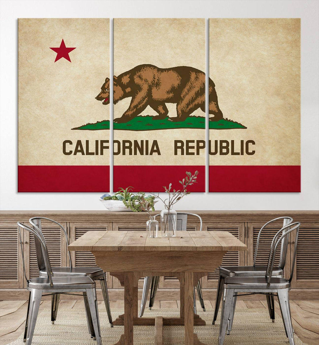 The Calinia States Flag Wall Art Canvas Print, featuring a bear and star design reminiscent of the California Republic flag, is crafted on museum-quality polycotton canvas with a UV-protective coating and is proudly made in the USA.