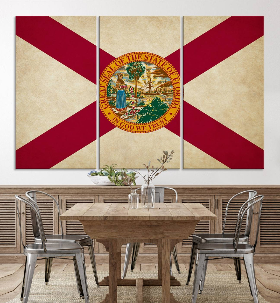 A Florida States Flag Wall Art Canvas Print, featuring a UV-protective coating for museum-quality preservation, is displayed.