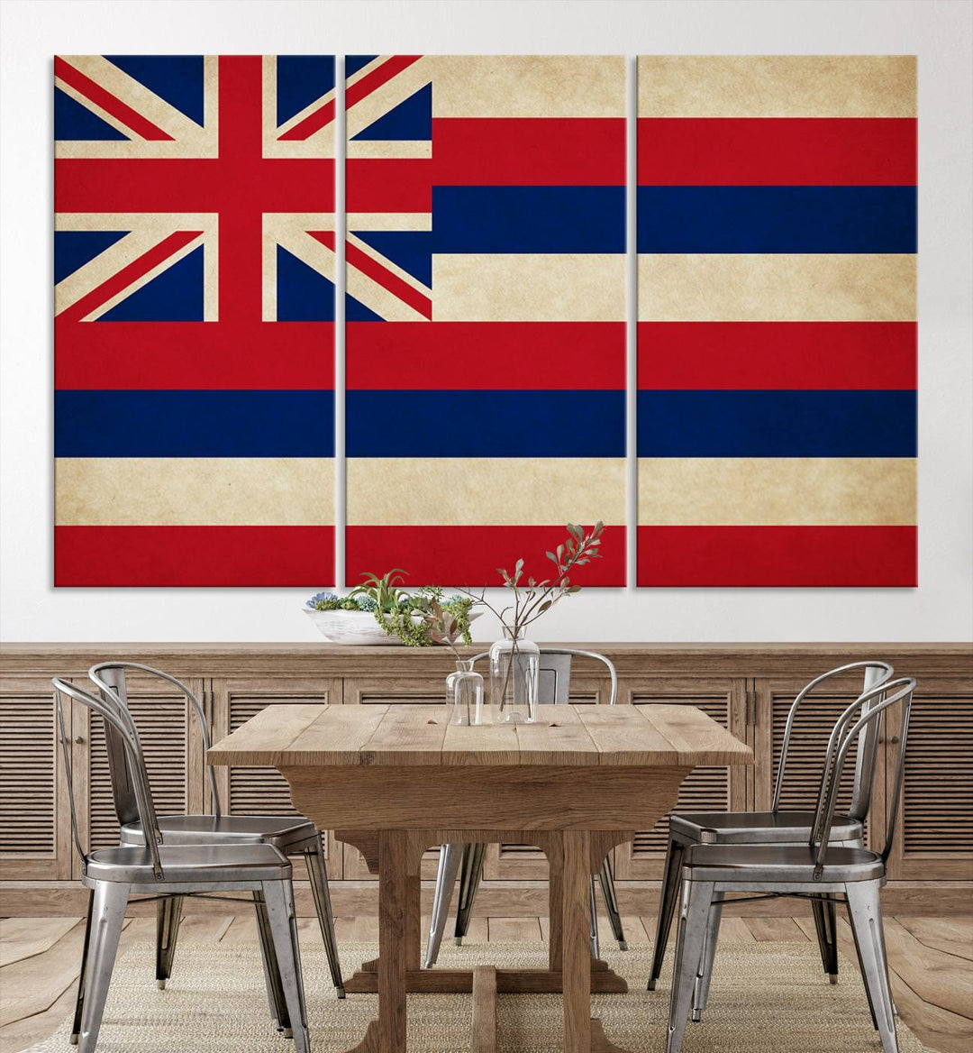 A stunning piece titled "Hawaii USA States Flag Wall Art Canvas Print" adorns the wall. This gallery-wrapped artwork is printed on museum-quality canvas and features a UV-protective coating, ensuring its vibrant colors remain timelessly beautiful.