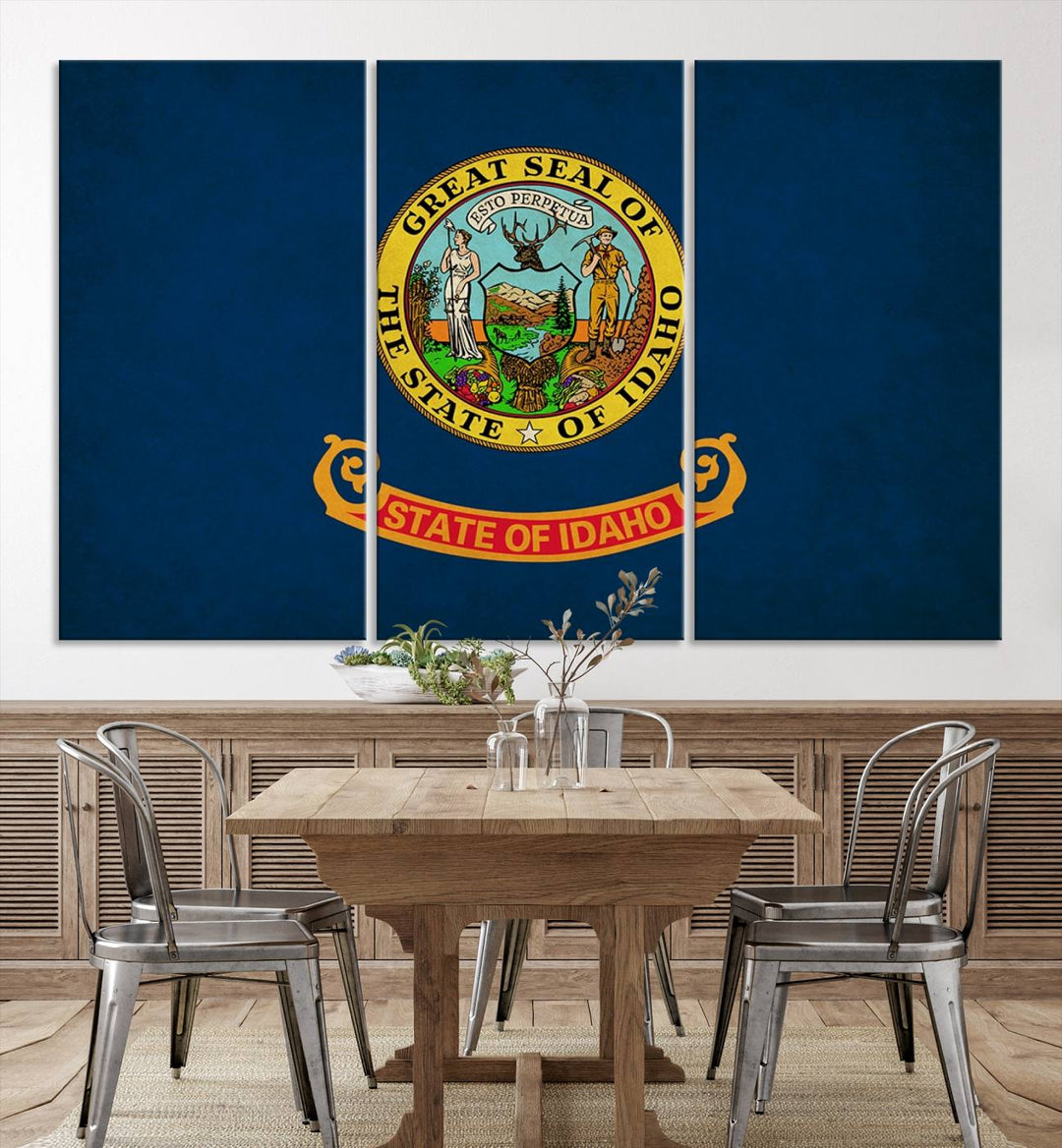 The Idaho USA States Flag Wall Art Canvas Print, featuring a UV-protective coating for lasting vibrancy, is ready to hang.