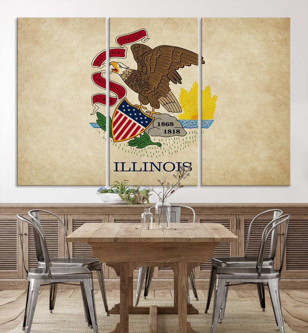 The Illinois State Flag Wall Art Canvas Print, crafted on museum-quality canvas with a UV-protective coating, is displayed prominently.