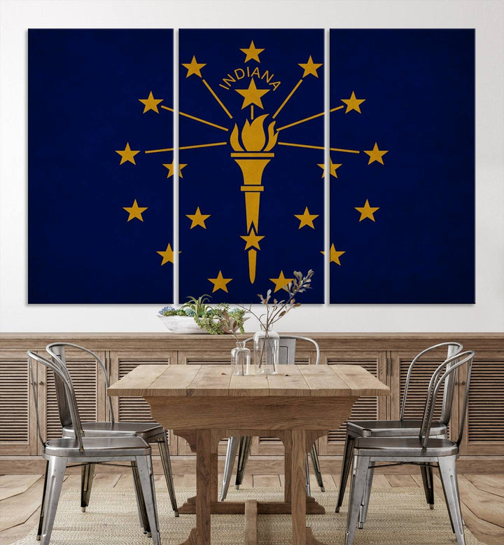 The Indiana States Flag Wall Art Canvas Print, featuring museum-quality canvas with a UV-protective coating, adorns the wall and brings an elegant and charming touch to your living space. Ready to hang, this piece becomes a standout feature in any room.