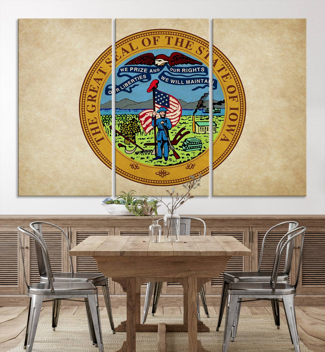 The Iowa USA States Flag Wall Art Canvas Print, beautifully hand-assembled in a framed, museum-quality canvas, is displayed on the wall.