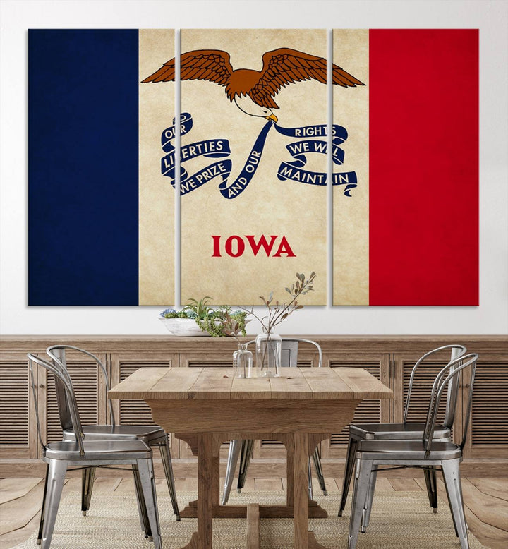 A beautiful Iowa States Flag Wall Art enhances the area, made on museum-quality canvas and boasting a gallery-wrapped design for enduring elegance.