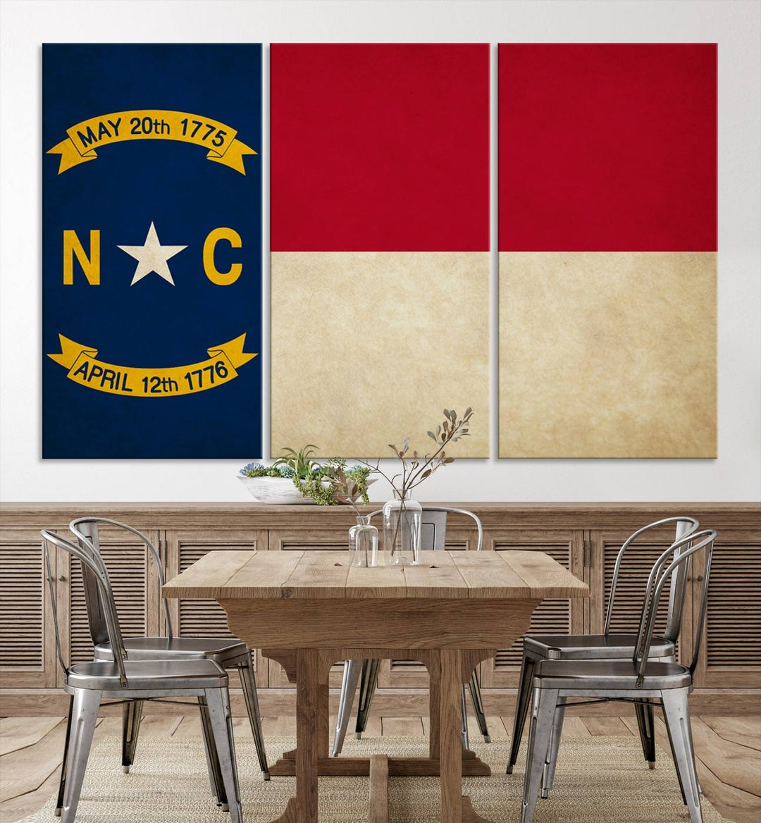 A museum-quality North Carolina State Flag Wall Art Canvas Print graces the wall, adding charm and character to any living space. Enjoy free shipping on this timeless piece.