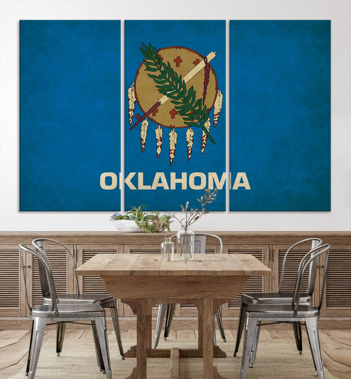 An Oklahoma States Flag Wall Art Canvas Print is displayed; this gallery-wrapped art piece is made on museum-quality canvas with a UV-protective coating to maintain its vibrant colors.