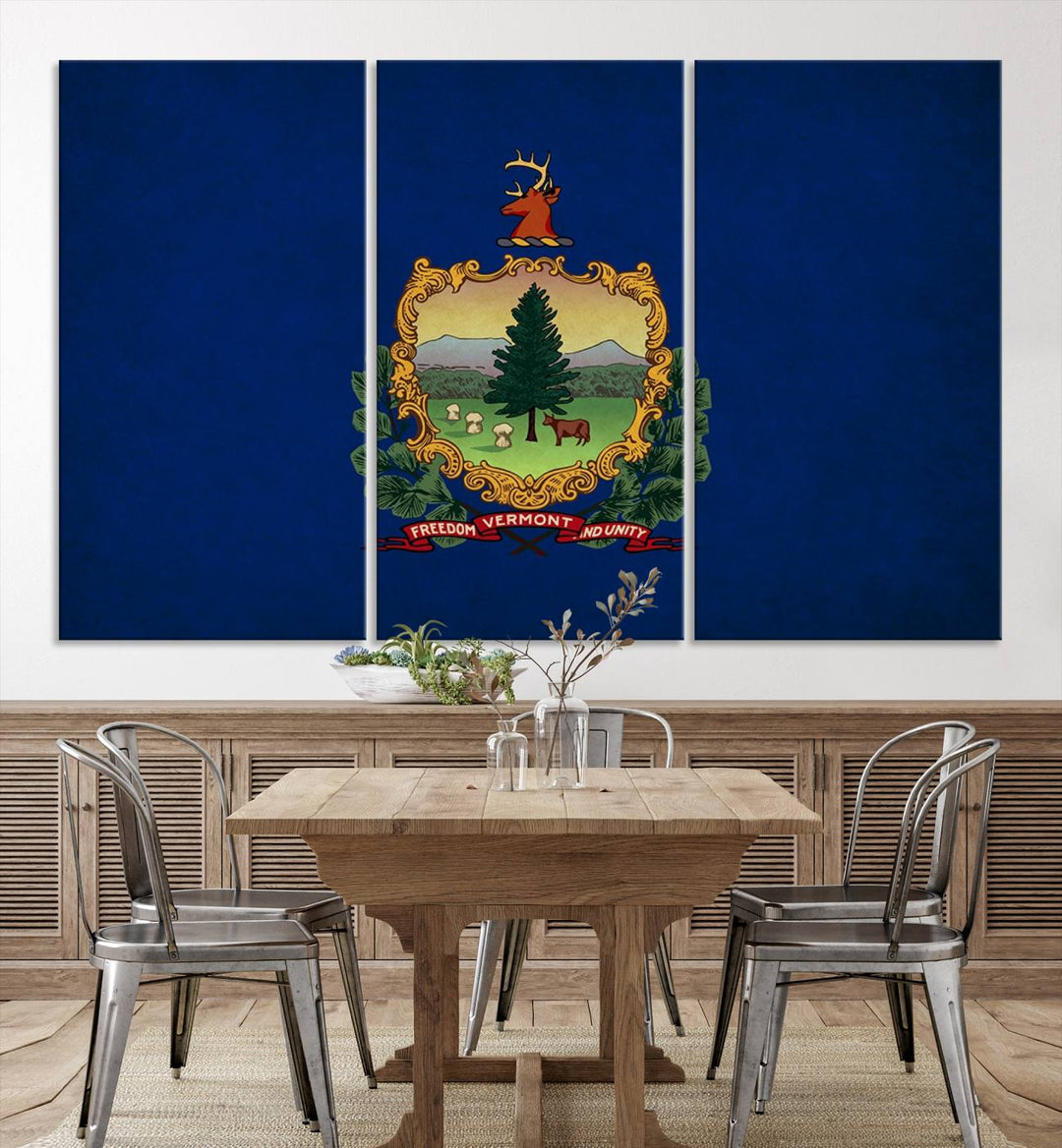 The Vermont Flag Wall Art Canvas Print is a museum-quality piece enhanced with UV-protective finishes, offering both style and durability. Enjoy free shipping on this classic decor addition.