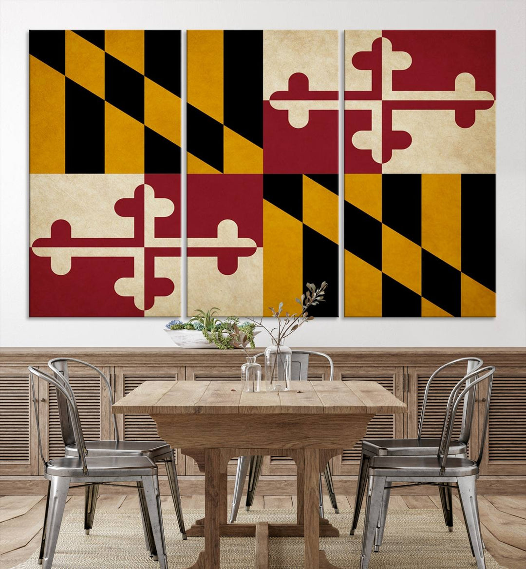 The Maryland Flag Wall Art Canvas Print, boasting a UV-protective coating for vibrant colors and durability, is a museum-quality piece offered with free shipping, making it the perfect addition to your space.