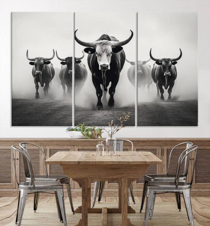 The Texas Longhorn Cow Animal Wall Art Canvas Print beautifully embellishes the area with its depiction of longhorn cattle in a misty setting, seamlessly integrating Western decor into the space.