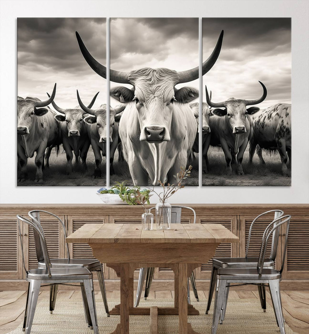 A Texas Longhorn Cow Animal Wall Art Canvas Print introduces a Western-themed accent.