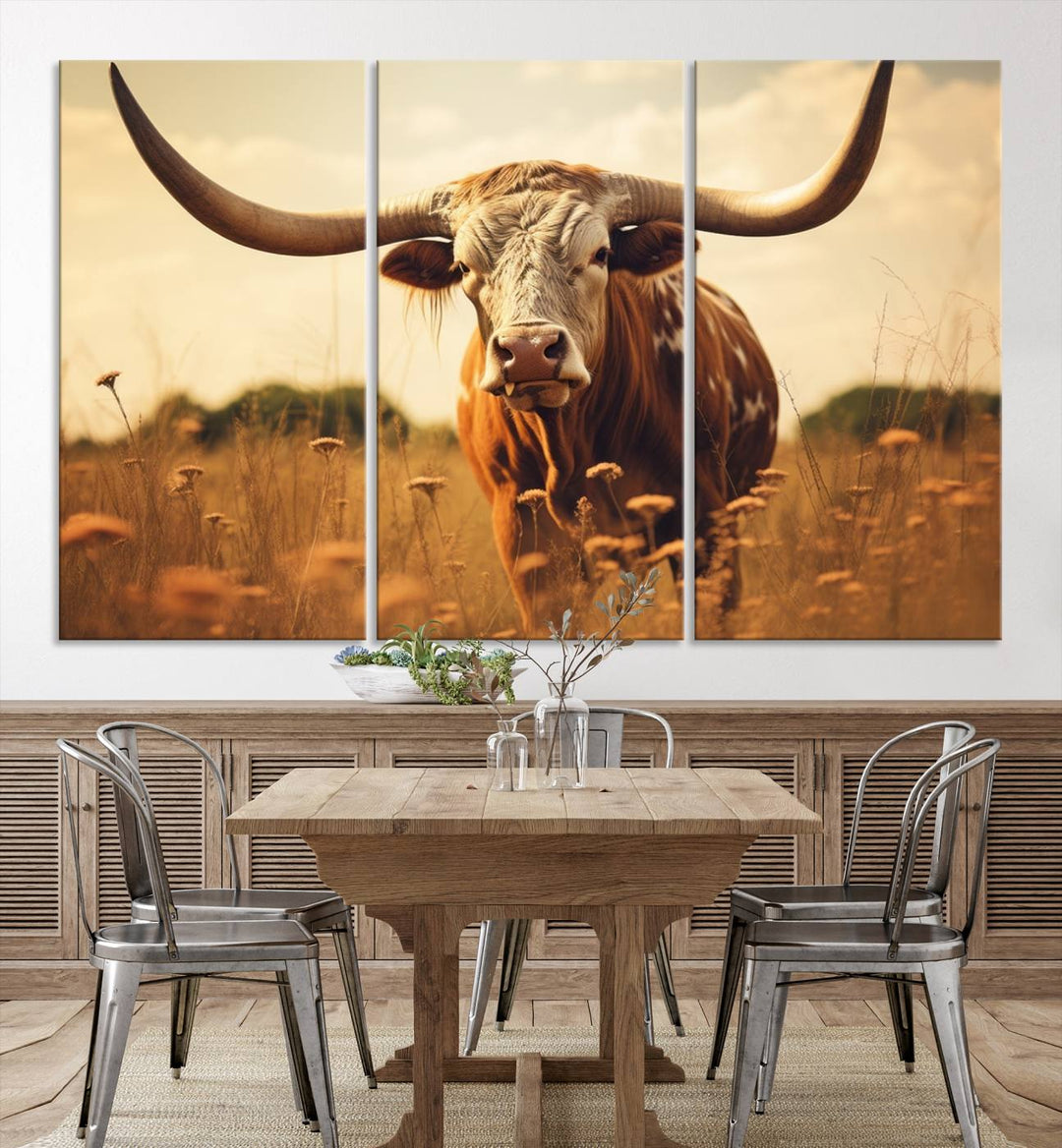 Cow Bighorn Wall Art Canvas Print, Longhorn Texas Cow Animal Canvas Print