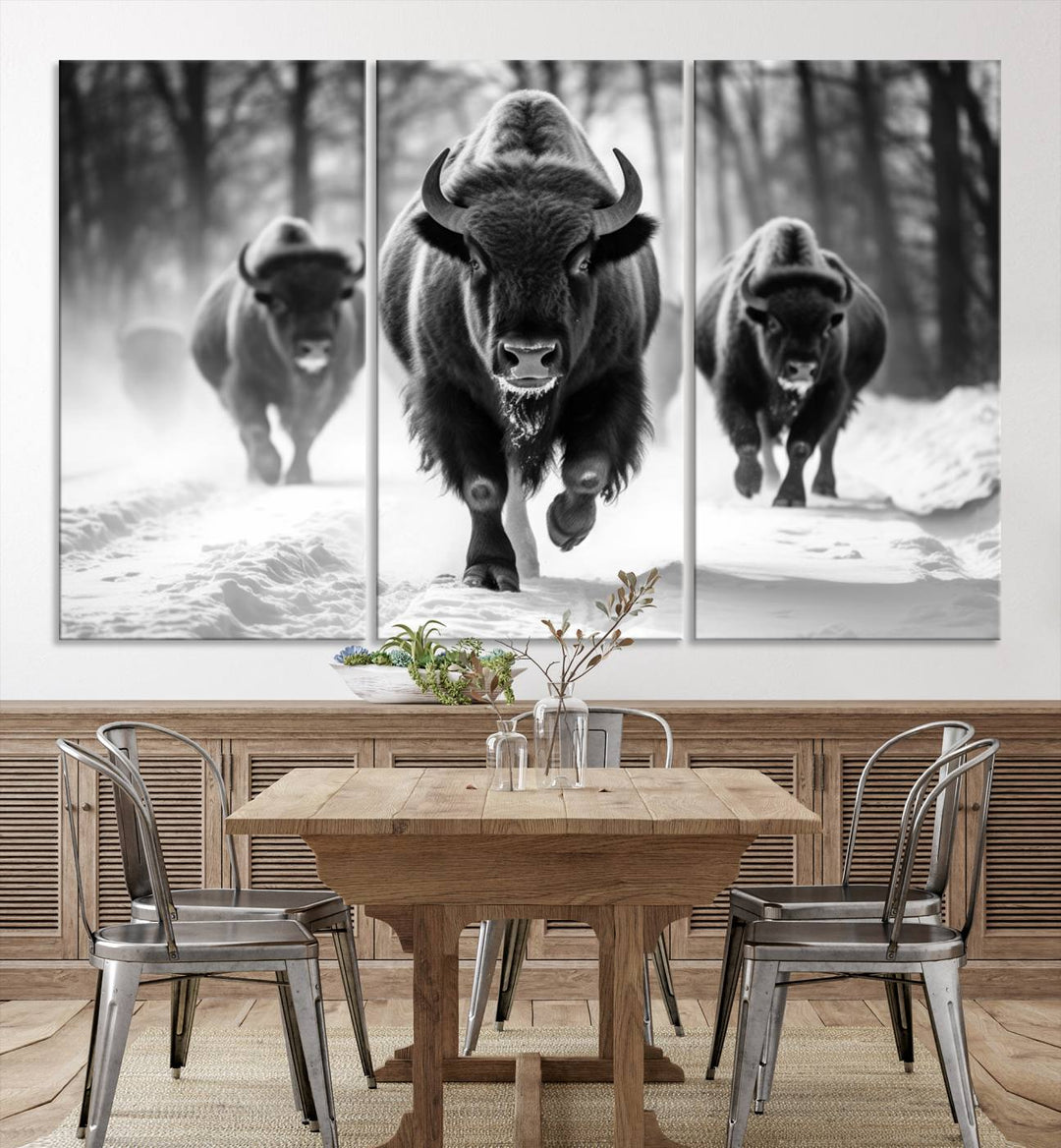 Transform your living room with the Buffalo Wall Art Canvas Print triptych, showcasing a bison family in motion across a snowy landscape. This striking Western decor piece becomes the focal point of any room.