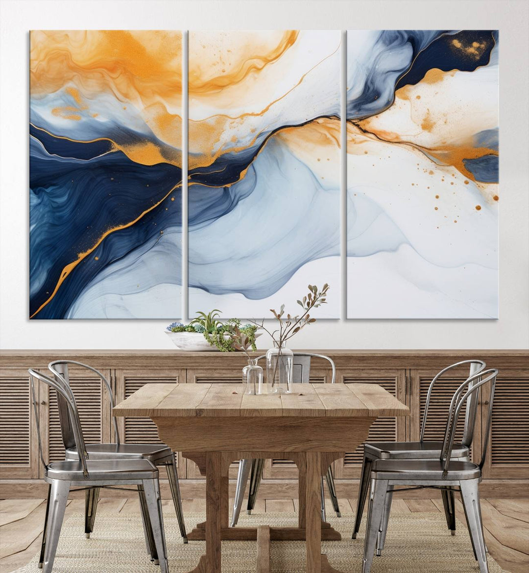 Modern living room featuring the 'Extra Large Orange Navy Blue Abstract Wall Art Canvas Print.'