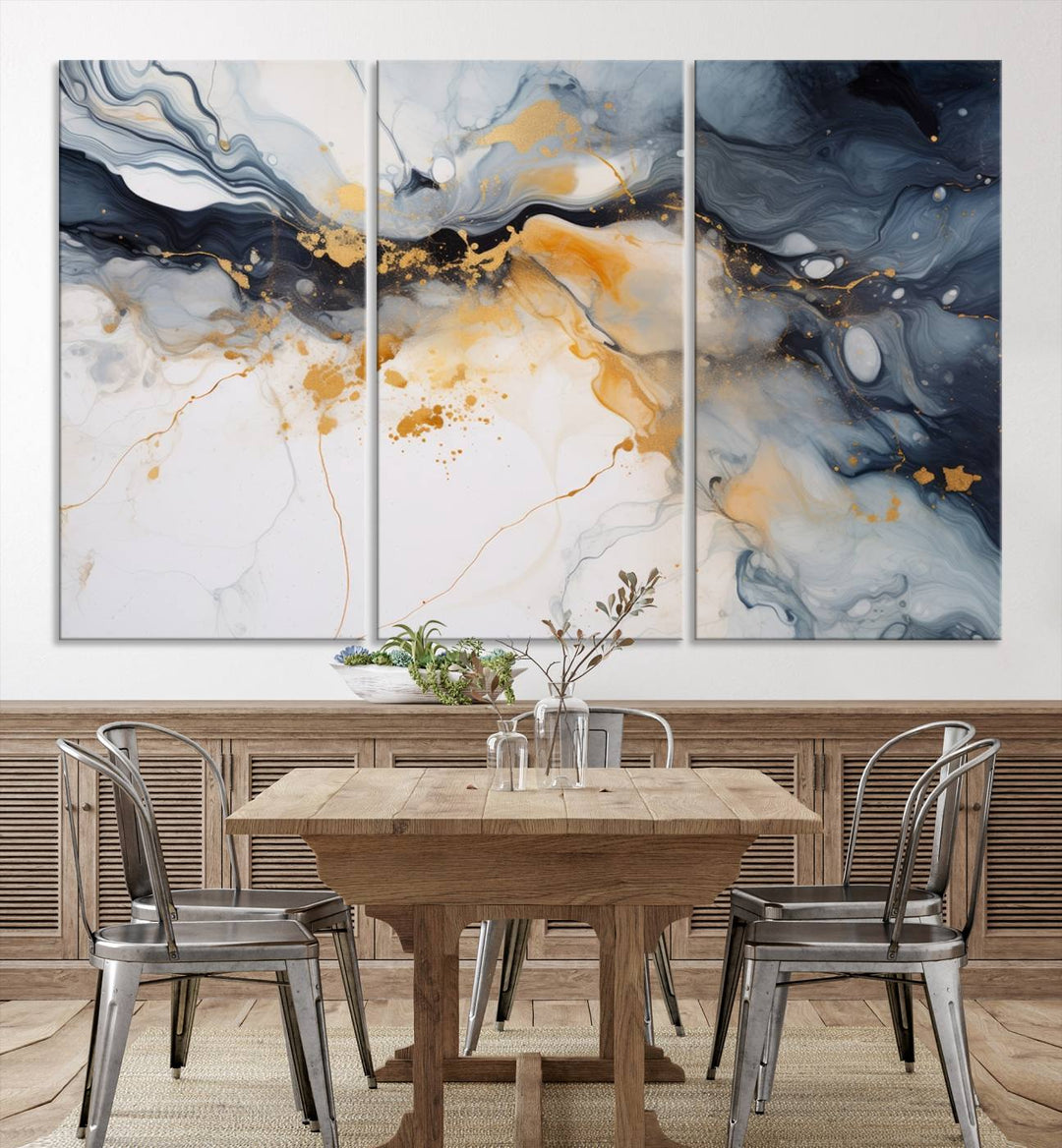 The Dark Blue and Orange Abstract Wall Art, featuring museum-quality canvas with captivating dark and golden swirls, is ready to hang and boasts a UV-protective coating to ensure enduring vibrancy and sophistication.