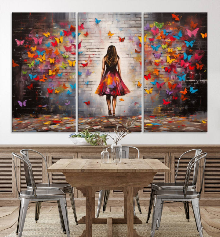 A vibrant artwork titled "Graffiti Wall Art Canvas Print Girl Butterfly Graffiti Abstract Canvas Print" is displayed above the couch. This gallery-wrapped masterpiece, printed on museum-quality canvas, features a UV-protective coating to preserve its vivid beauty.