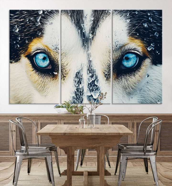 The captivating "Winter Siberian Husky Wolf EYE Wall Art Canvas Print" showcases the striking blue eyes of the animal portrait.