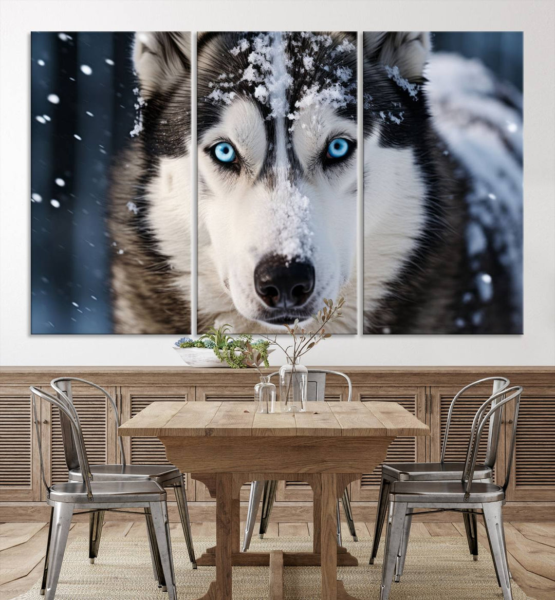 A digital art piece titled "Winter Siberian Husky Wolf Wall Art Canvas Print" showcases a blue-eyed husky blanketed in snow. Printed on high-quality canvas, it is an ideal choice for nature and dog enthusiasts.