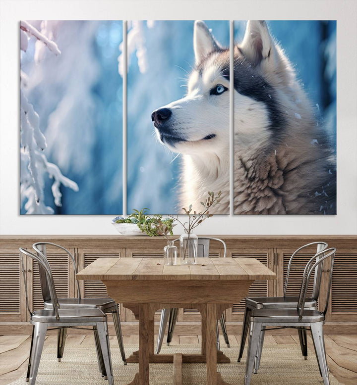 A captivating Winter Siberian Husky Wolf Wall Art Canvas Print hangs prominently.