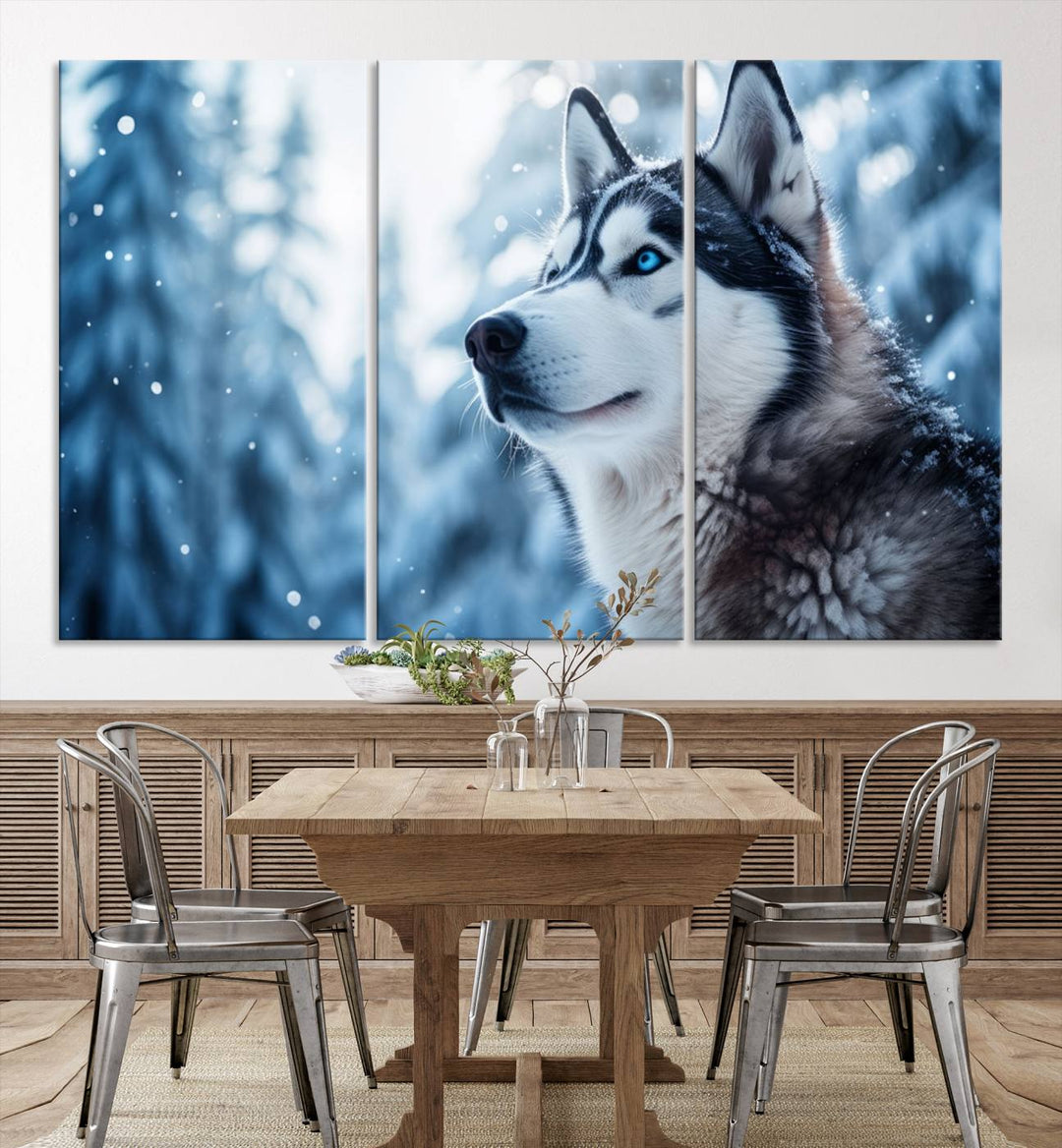 The "Winter Siberian Husky Wolf Wall Art Canvas Print" is elegantly displayed, enhancing the room's cozy ambiance in a snowy forest setting.