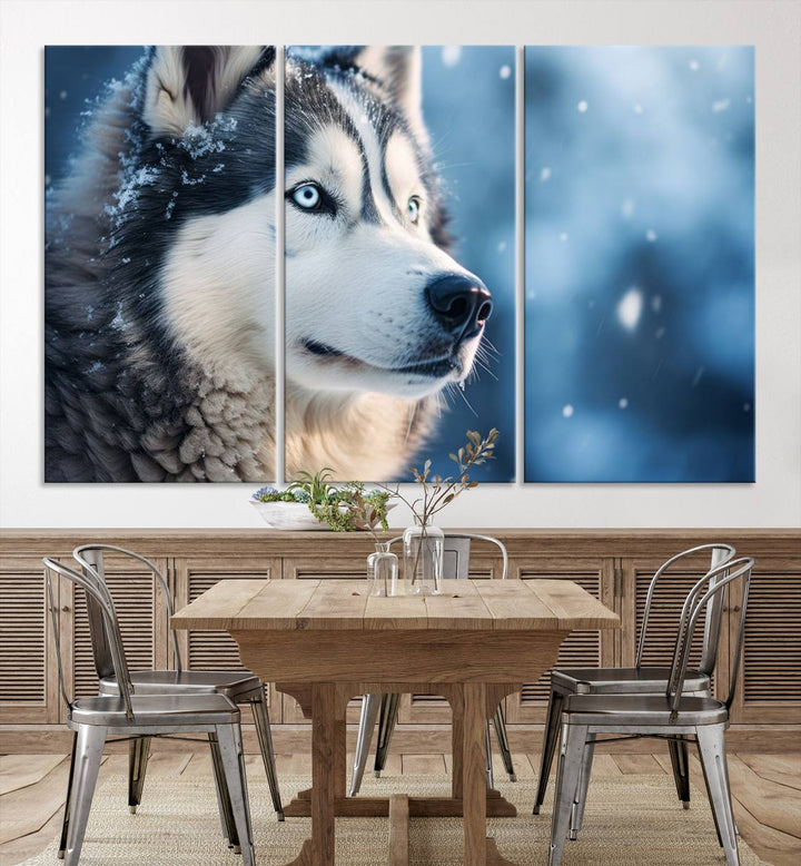 The space above the sofa features the Winter Siberian Husky Wolf Wall Art Canvas Print, creating a stunning snowy scene.