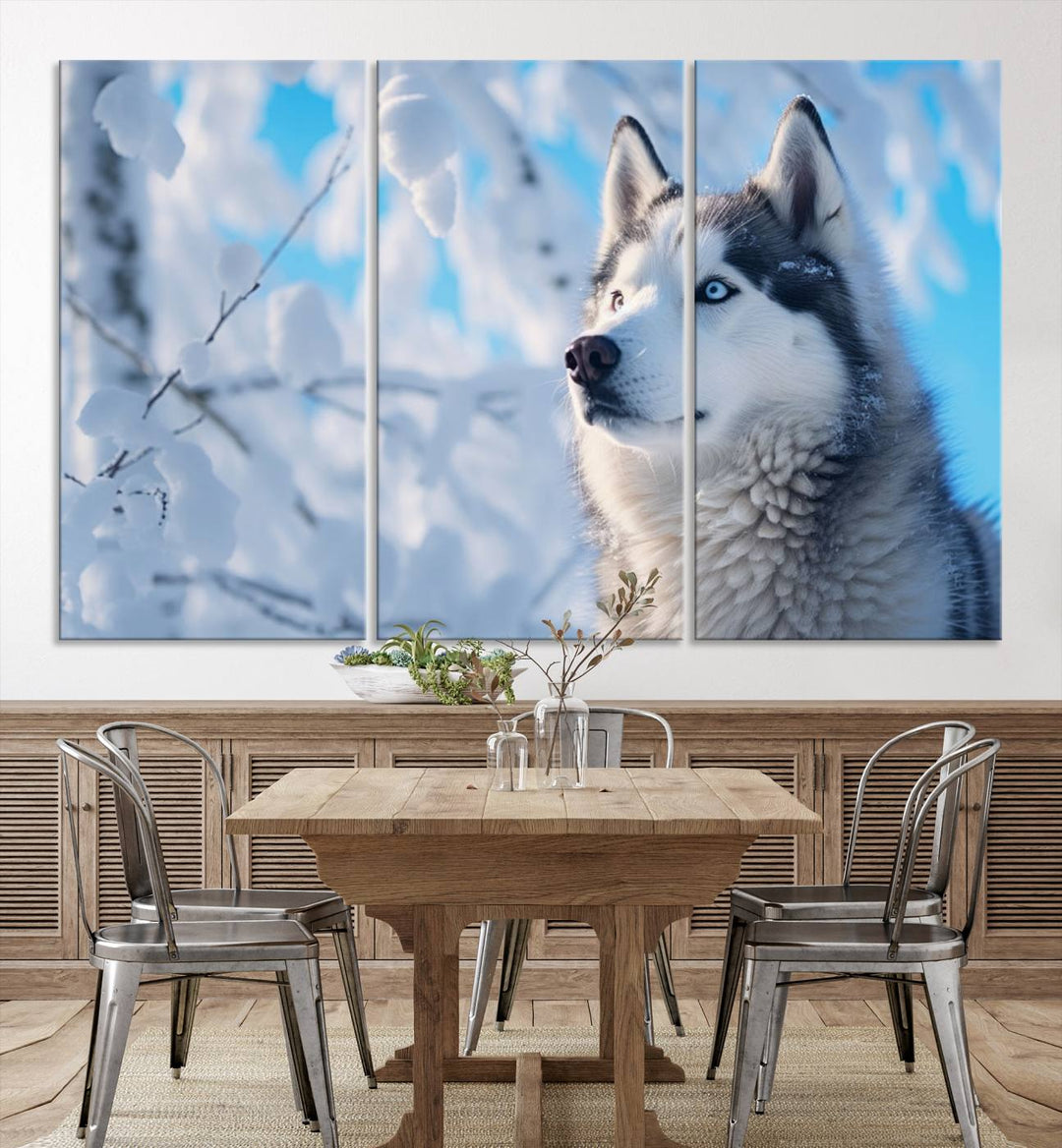 The Siberian Husky Art Canvas elegantly enhances the room.