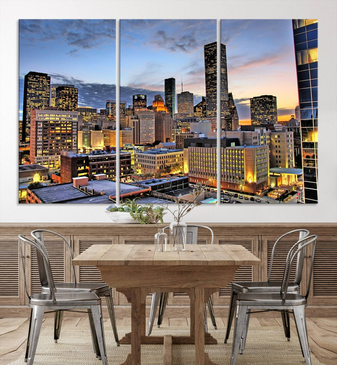 The modern living room features the Houston Wall Art Canvas Print on the wall. This professional craftsman framed masterpiece depicts a cityscape and is created with museum-quality polycotton canvas, ensuring a polished look that enhances its elegant charm.