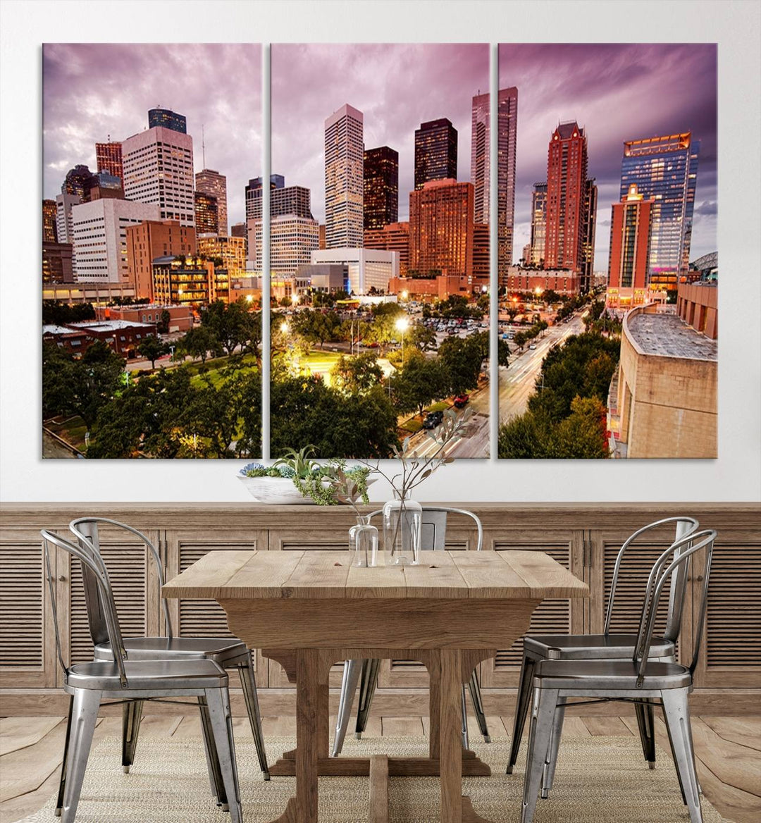 The Houston Wall Art Canvas Print in the living room displays a vibrant city skyline at twilight on museum-quality canvas with UV-protective coating.