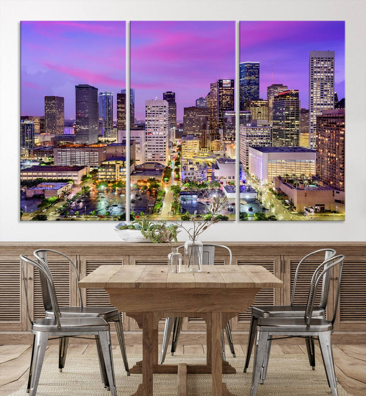 Houston Wall Art Canvas Print showcasing a vibrant cityscape at dusk on museum-quality canvas, expertly crafted by professional craftsmen.