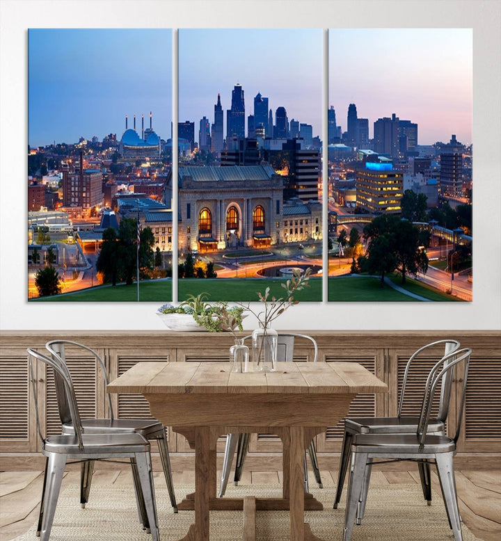 The Kansas City Skyline Canvas Wall Art Print hangs above, showcasing an iconic dusk cityscape with a historic building in the foreground, exuding urban sophistication.