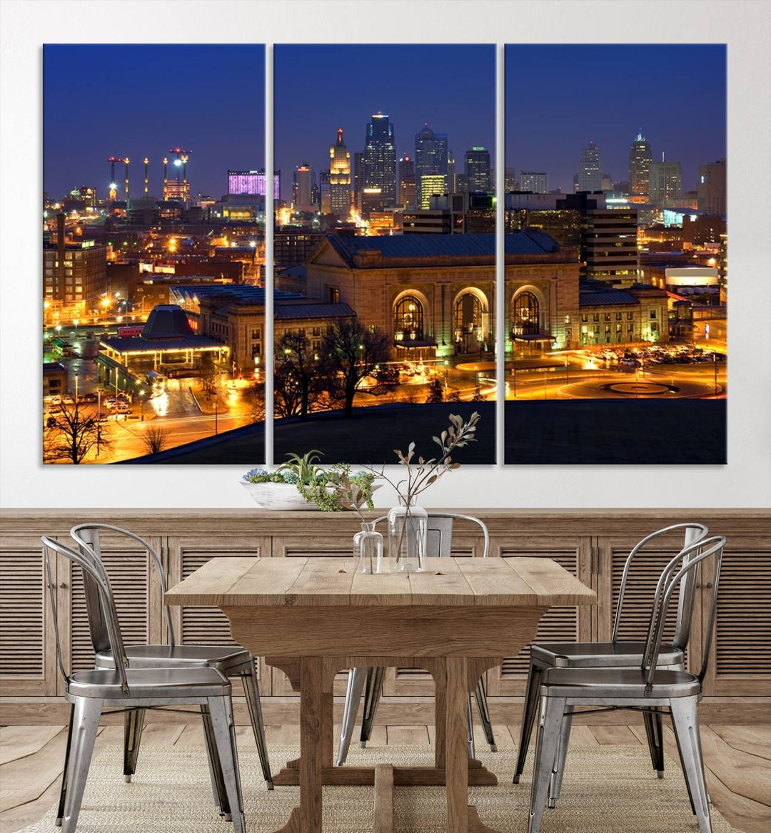 The Kansas City Night Canvas Print Wall Art creates a scene as captivating as museum-quality art, showcasing a city skyline at night with illuminated buildings.