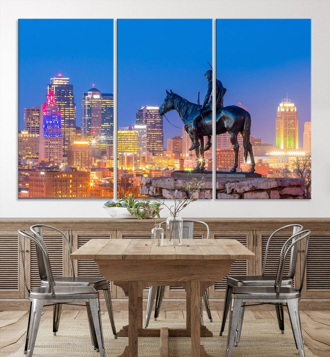 A large Kansas City Night Canvas Print Wall Art adorns the wall, gallery wrapped and finished with a UV-protective coating for lasting vibrancy.