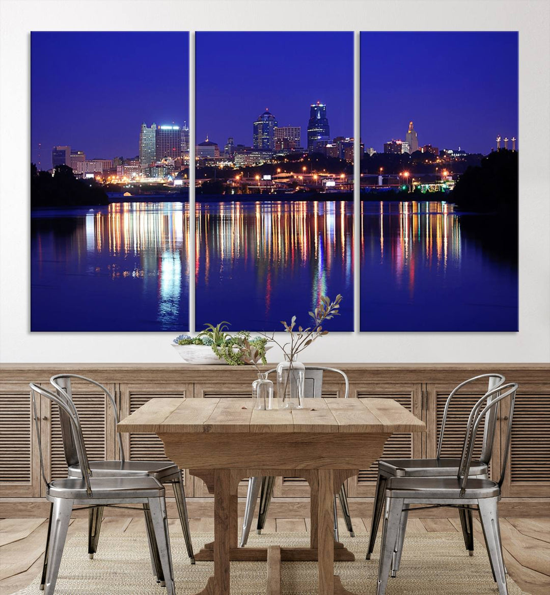 The Kansas City Night Canvas Print Wall Art captures the shimmering city skyline on the calm water, where every detail resembles a museum-quality polycotton masterpiece.