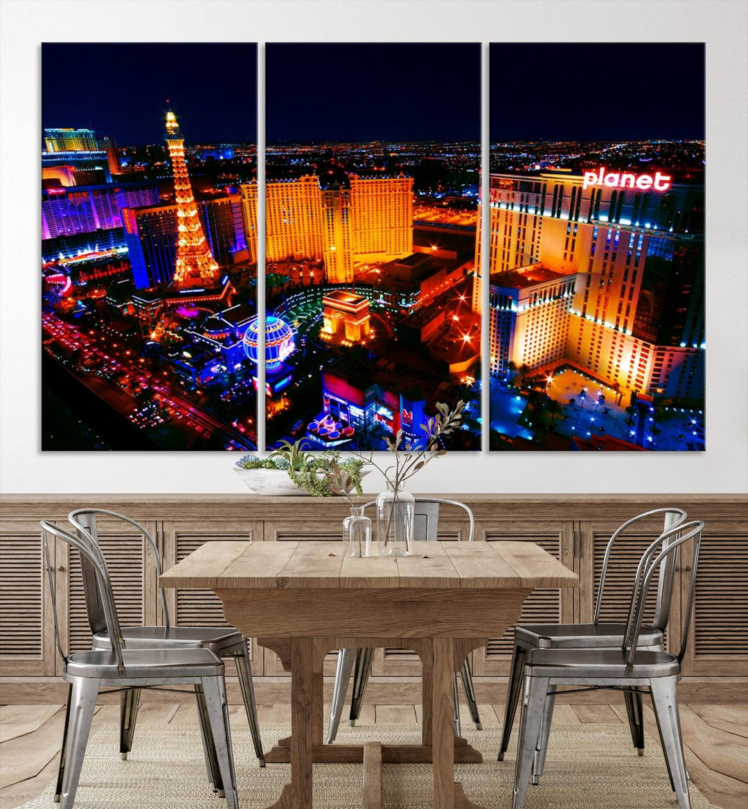 Las Vegas Wall Art Canvas Print showcases a dynamic and luminous cityscape at night with tall buildings and bustling streets. Expertly printed on museum-quality canvas, this gallery-wrapped artwork is enhanced with a UV-protective coating to ensure lasting brilliance.