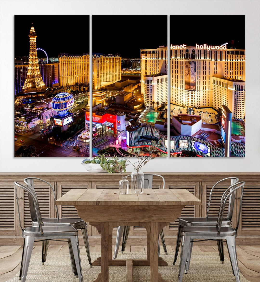 The Las Vegas Wall Art Canvas Print is a triptych set that showcases a stunning night view of Las Vegas. The illuminated buildings and the iconic faux Eiffel Tower add elegance to any space. Each piece comes with a UV-protective coating and is ready to hang, ensuring both style and durability.