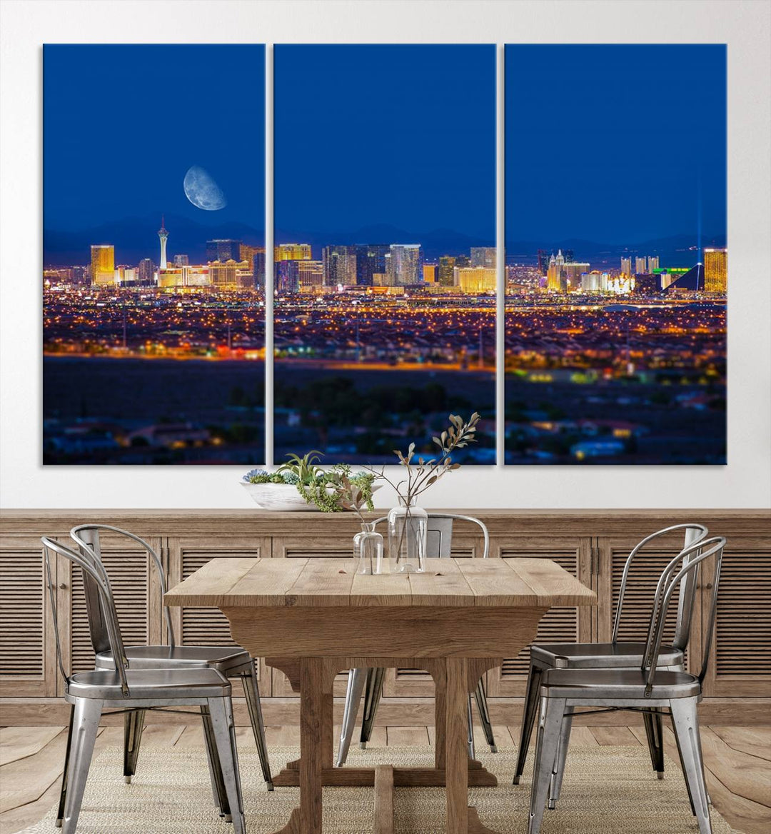 The Las Vegas Wall Art Canvas Print, depicting a city skyline at night, enhances a modern living room with its museum-quality canvas. This triptych comes ready to hang and boasts a UV-protective coating for lasting brilliance.