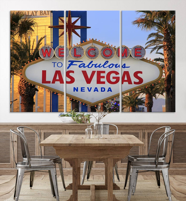 A Las Vegas Wall Art Canvas Print hangs on the wall, showcasing the iconic Welcome to Fabulous Las Vegas, Nevada sign. The museum-quality canvas guarantees vibrant colors with its UV-protective coating and is available with free shipping for added convenience.