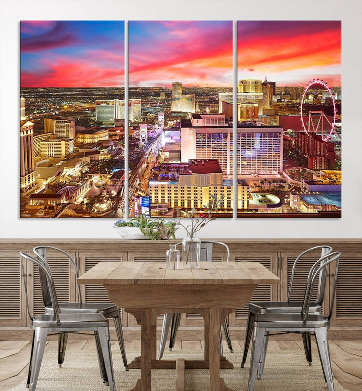 Las Vegas Wall Art Canvas Print depicting a vibrant cityscape at dusk on museum-quality canvas with a UV-protective coating, showcasing a skyline with colorful clouds.