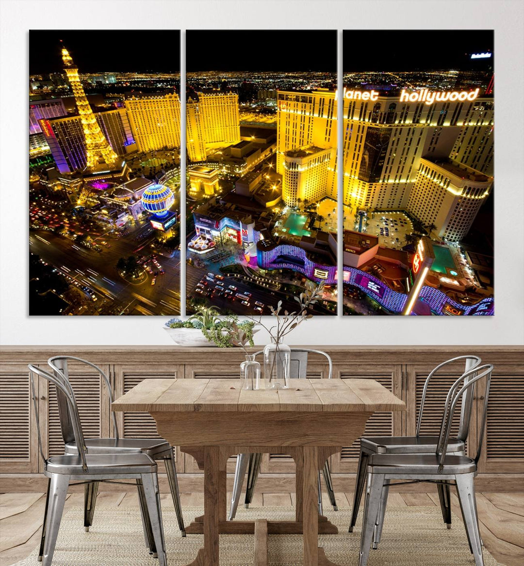 The modern living room features a Las Vegas Wall Art Canvas Print, a museum-quality triptych showcasing a vibrant cityscape with neon lights.