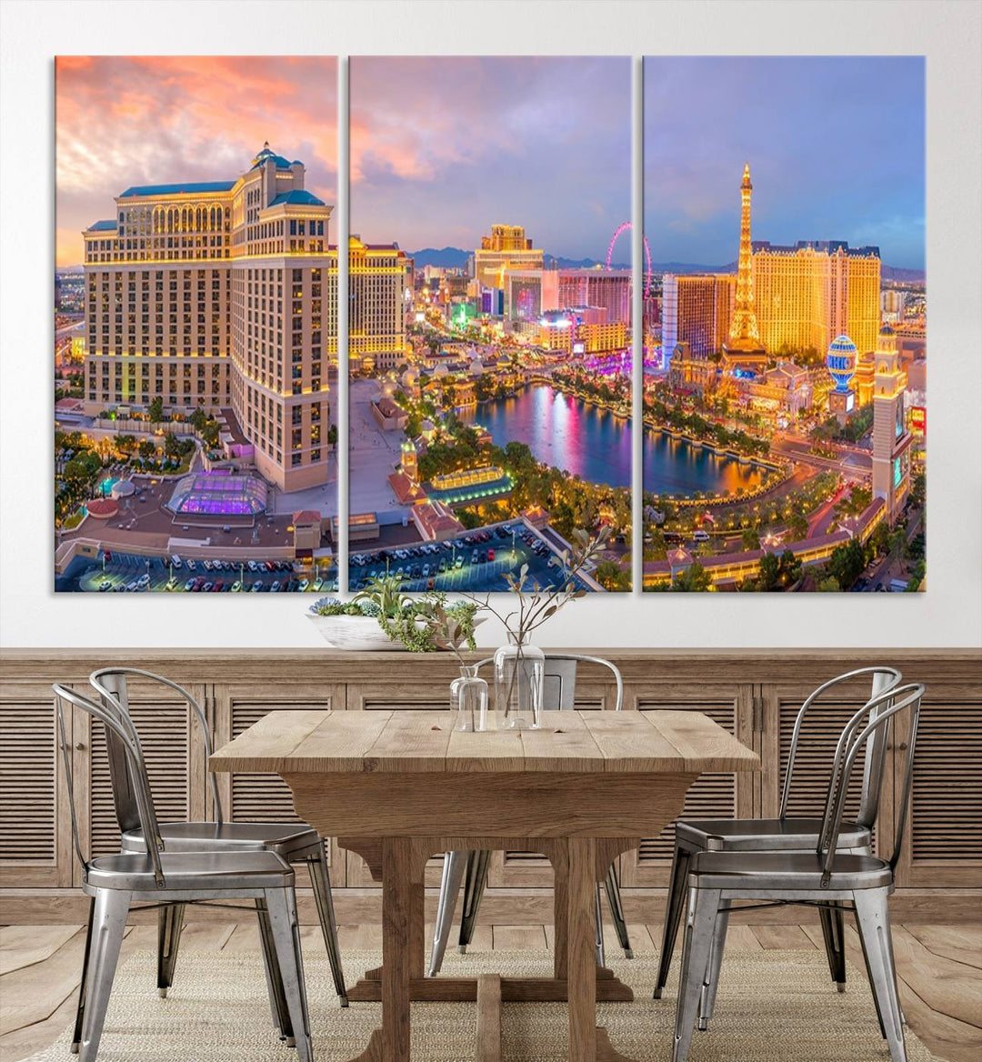 The gallery-wrapped triptych of the Las Vegas Wall Art Canvas Print, depicting the colorful skyline at sunset, adds a vibrant touch to the room. This artwork is crafted on museum-quality canvas and features a UV-protective coating for lasting durability.