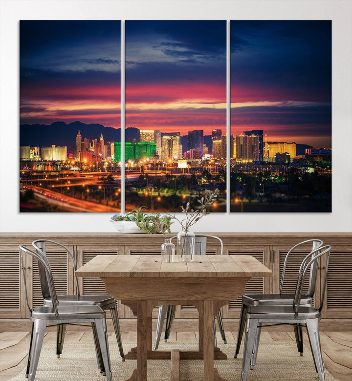 The living room is adorned with the Las Vegas Wall Art Canvas Print, a triptych showcasing a cityscape at sunset. This piece is crafted on museum-quality canvas and protected by a UV-coated finish, highlighting the craftsmanship of a skilled professional.