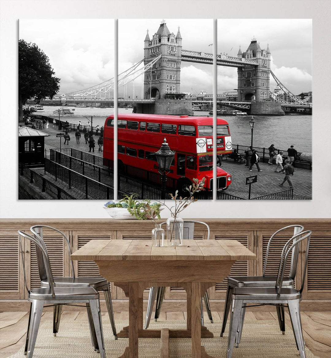 The London Red Bus and Bridge Wall Art Canvas Print showcases a red London bus in front of Tower Bridge, beautifully presented as a gallery-wrapped canvas. This striking image is divided into three panels, delivering a museum-quality display that's ready to hang.