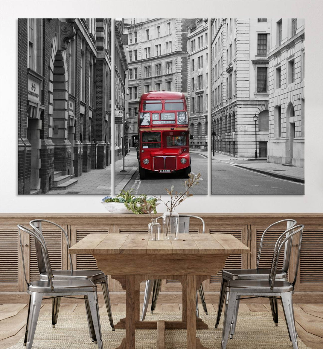 The living room features museum-quality London Red Bus Wall Art, showcasing a split canvas print of a red bus on a black and white city street. This artwork is ready to hang and includes a UV-protective coating to ensure long-lasting vibrance.