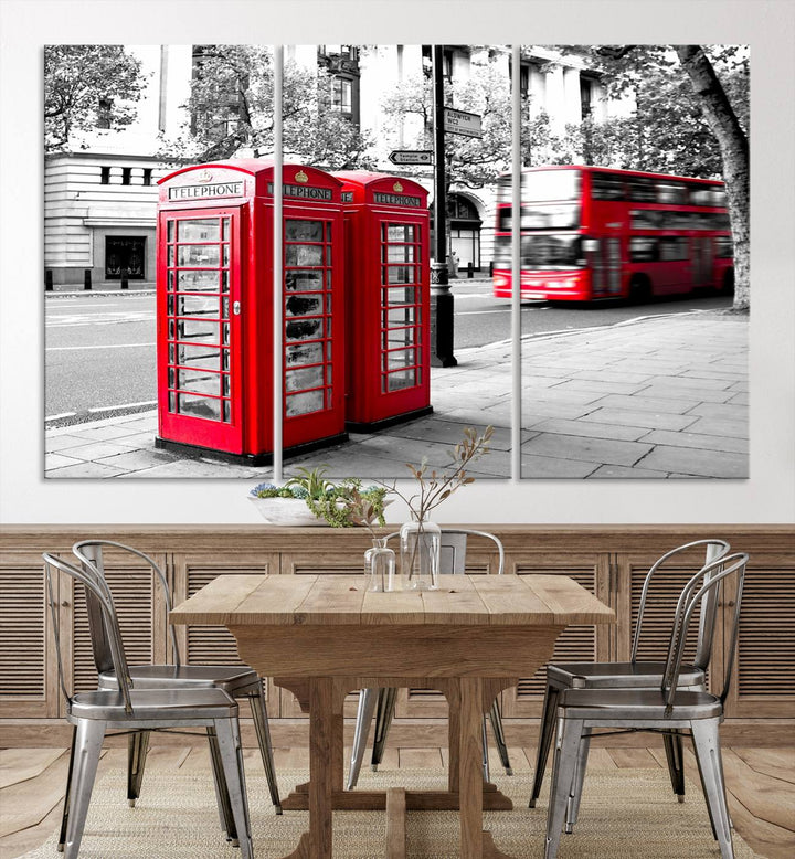 The London Red Bus and Phone Club Wall Art, a vivid night canvas print featuring iconic red buses and phone booths, is elegantly showcased on gallery-wrapped, museum-quality material. With its UV-protective coating, this captivating piece infuses your space with the charm of London.