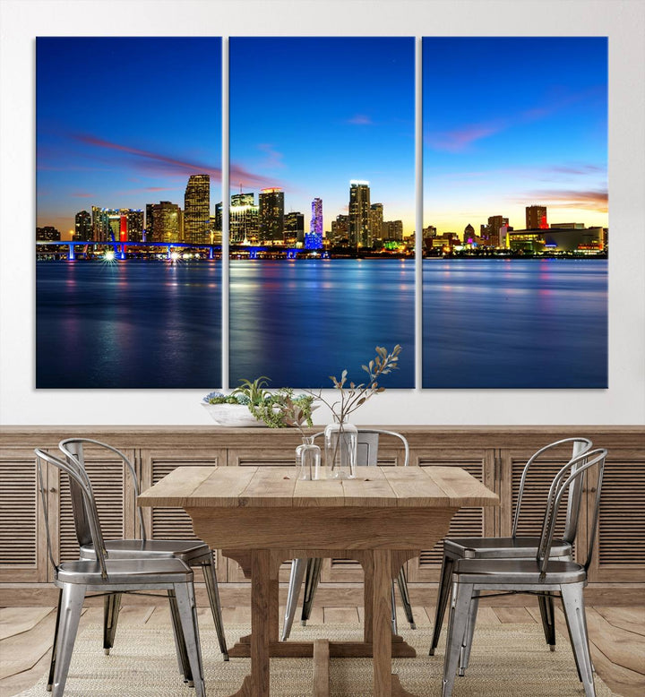 The living room features a Miami City Wall Art Canvas Print—a gallery-wrapped triptych displaying a city skyline at dusk, adding museum-quality elegance to the space.