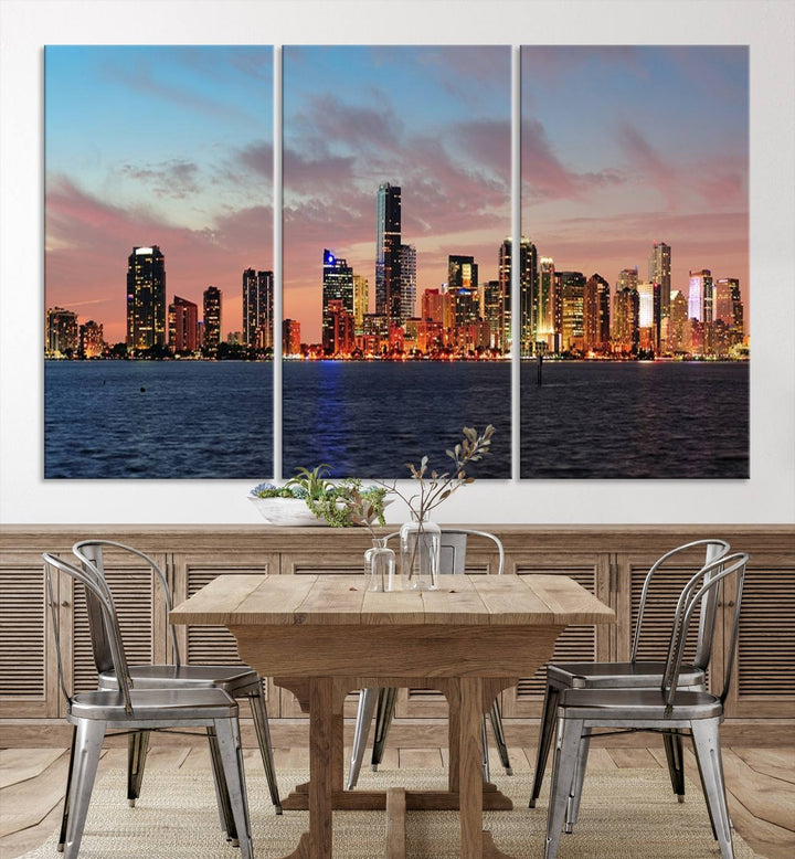 The Wall Art MIAMI Canvas Print emphasizes a vibrant cityscape at sunset. This artwork is presented on museum-quality canvas with gallery-wrapped edges, ensuring it stands out while maintaining its pristine condition for years to come.