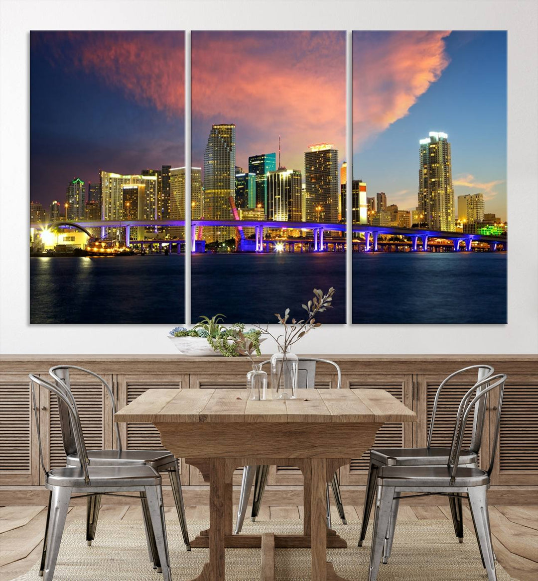 The modern living room is enhanced by the "Miami City Wall Art Canvas Print," a stunning triptych portraying a city skyline at sunset. These canvases are gallery wrapped and made from museum-quality materials, featuring a UV-protective coating to ensure lasting vibrancy.