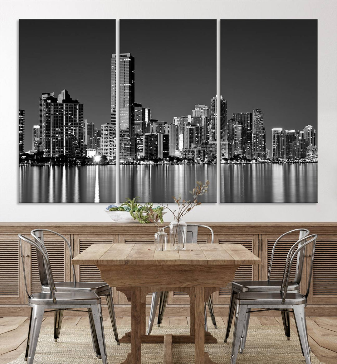 The Miami City Wall Art Canvas Print, a stunning triptych of the Miami skyline, elegantly hangs in this modern living room.