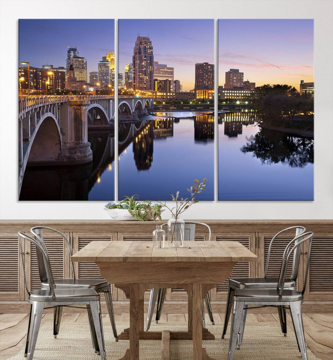 Display the Minneapolis Wall Art Canvas Print, featuring the Minnesota cityscape at dusk, on gallery-wrapped, museum-quality canvas.