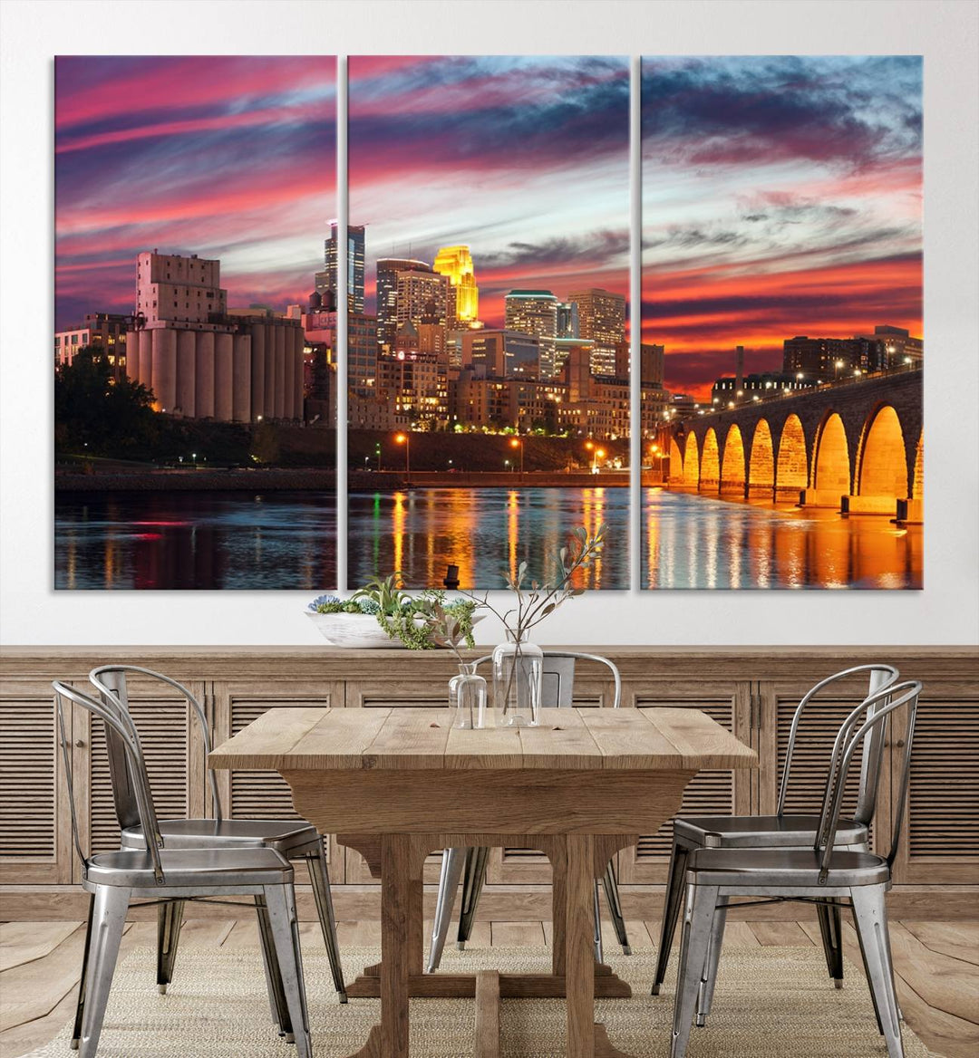 The "Minneapolis Wall Art Canvas Print, Minnesota City Wall Art Print, Minnesota Cityscapes Wall Art" features a city skyline at sunset in museum-quality canvas prints. Transform your living space into a gallery with this stunning piece and enjoy free shipping.