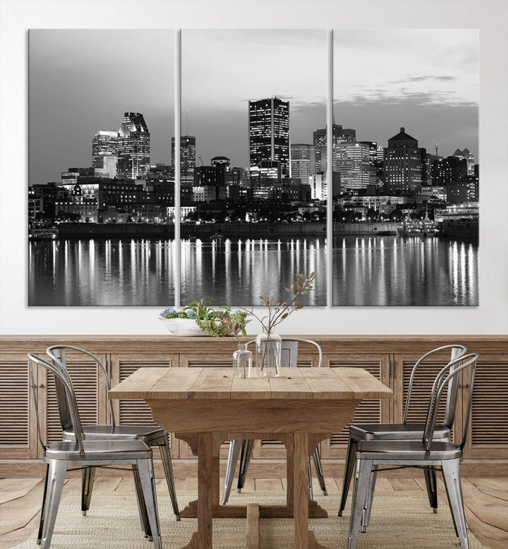 The "Montreal Canada City Wall Art," a black and white triptych of a city skyline at night, elegantly captures the reflections in water.